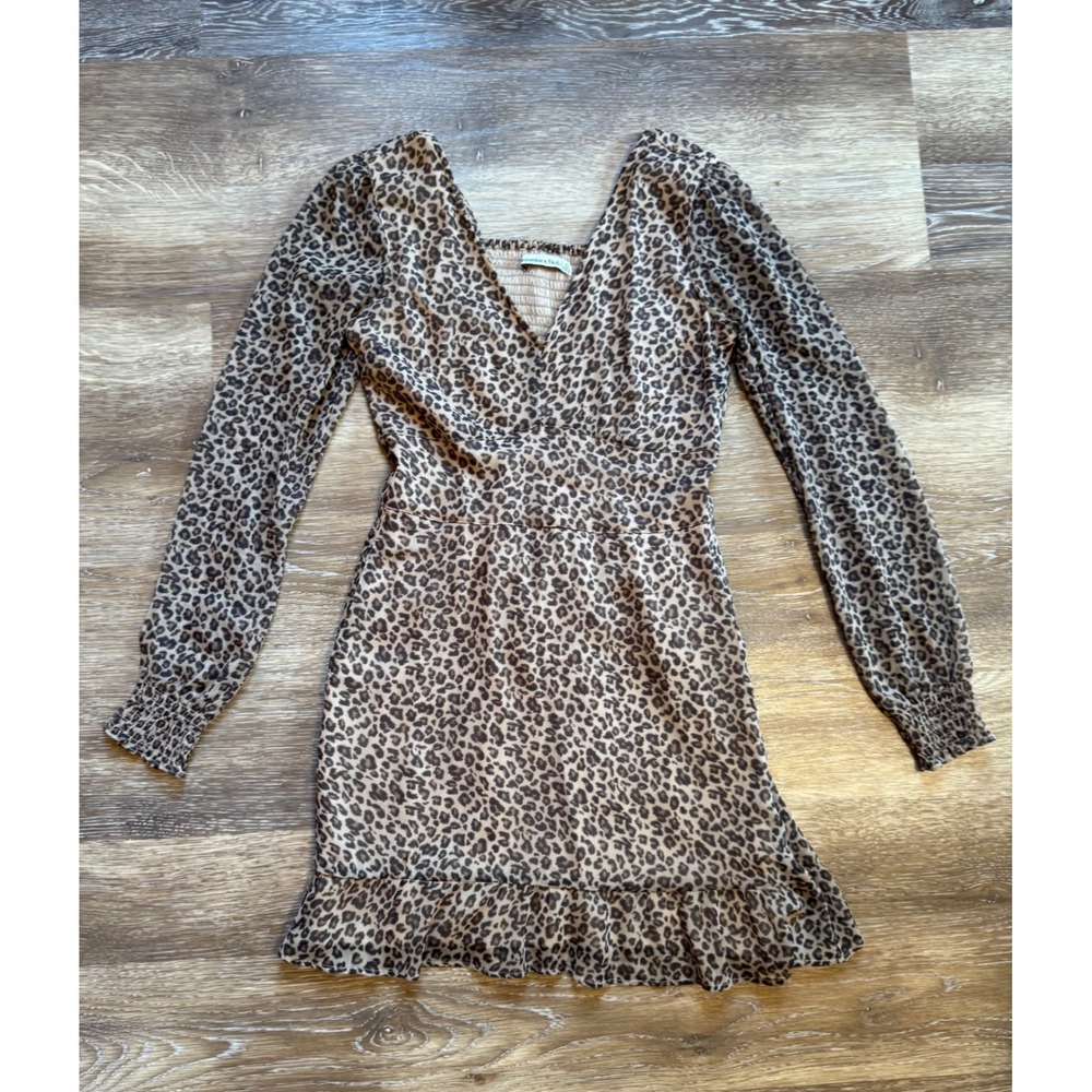 Abercrombie & Fitch Leopard V-Neck Ruffle Mini Dress XS Long Sleeve Smocked